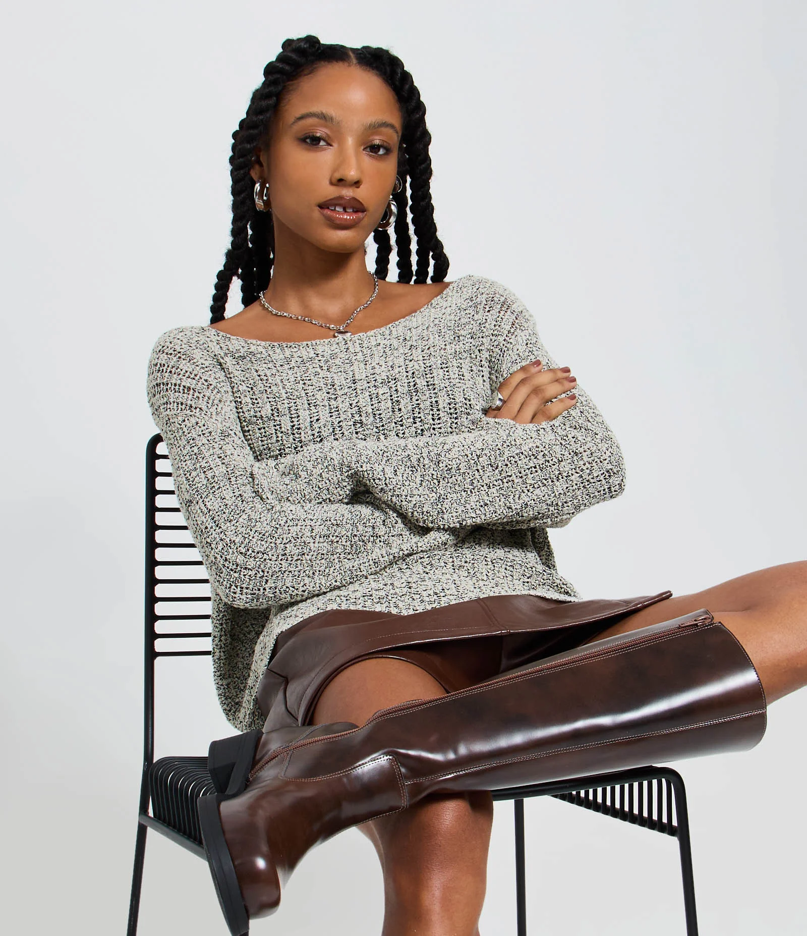 Blusa em Tricô Retilíneo com Textura Furadinha Cinza 1