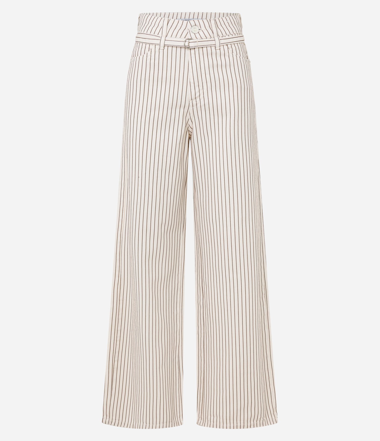 Calça WIde Leg Cintura Alta em Sarja Listrada e Cinto Estreito Bege 6