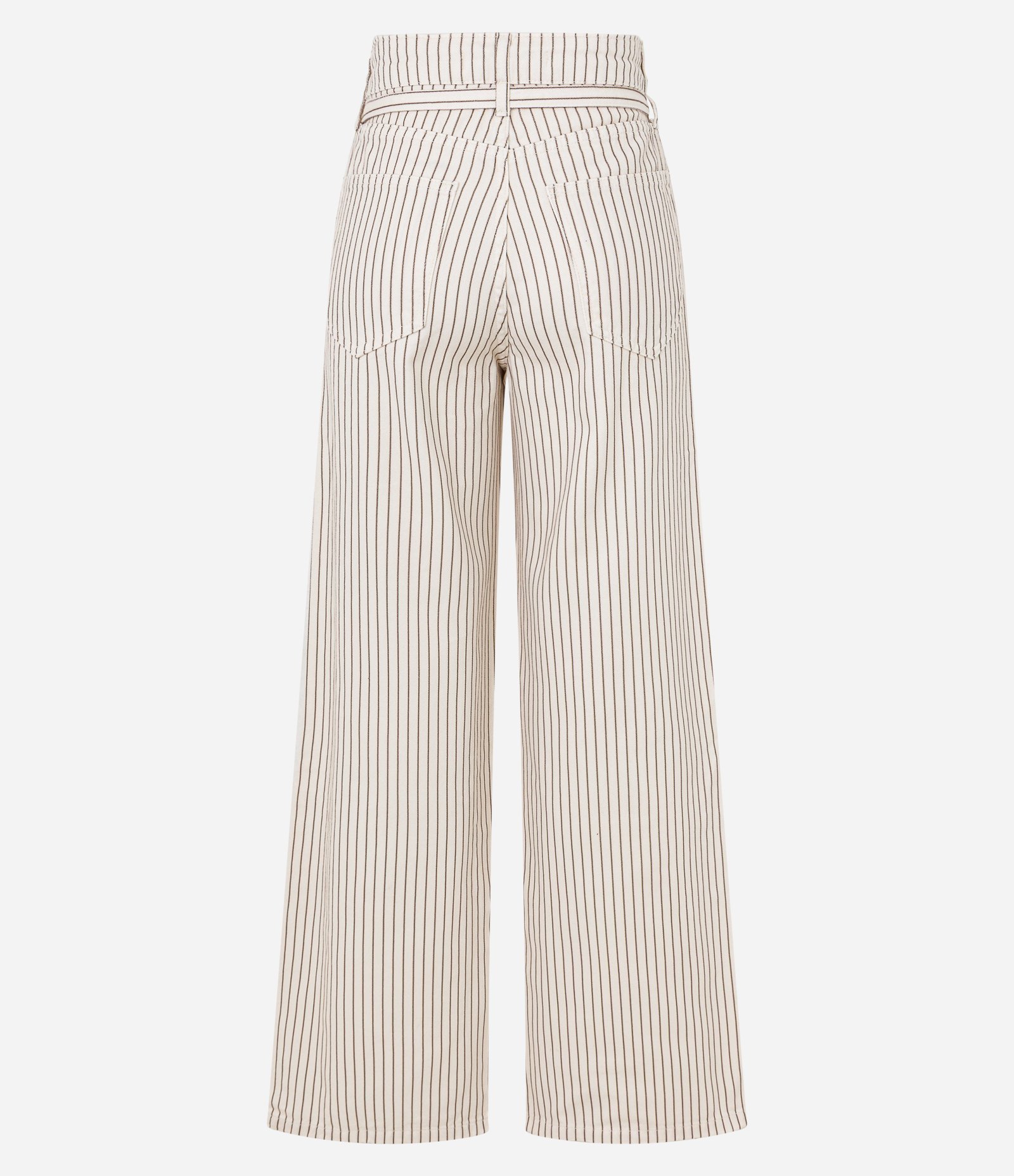 Calça WIde Leg Cintura Alta em Sarja Listrada e Cinto Estreito Bege 7