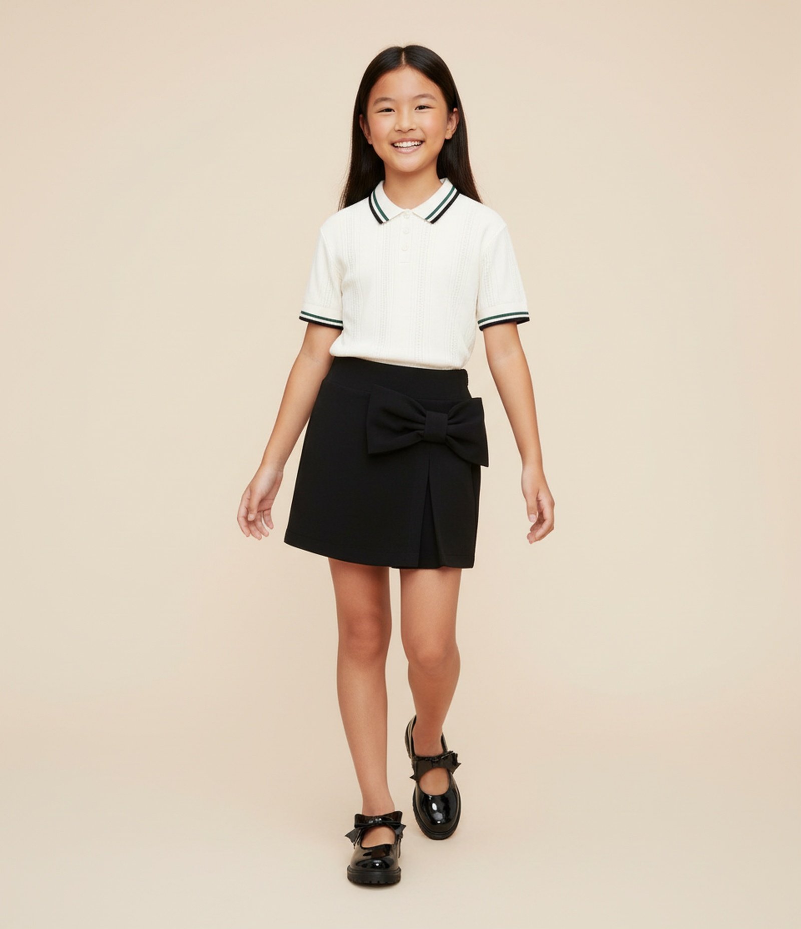 Blusa Infantil em Efeito Tricô com Gola Polo e Listras Contrastantes – Tam 5 a 14 Anos Off White 1