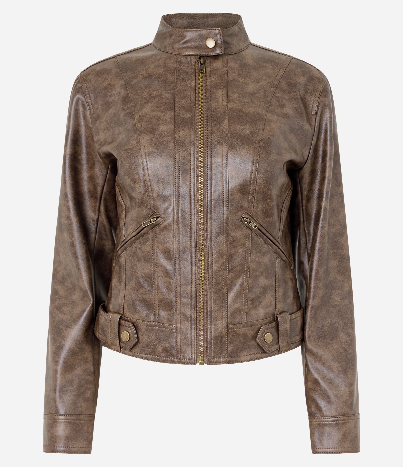 Jaqueta Biker em Pu Marmorizado com Gola Alta Marrom 5