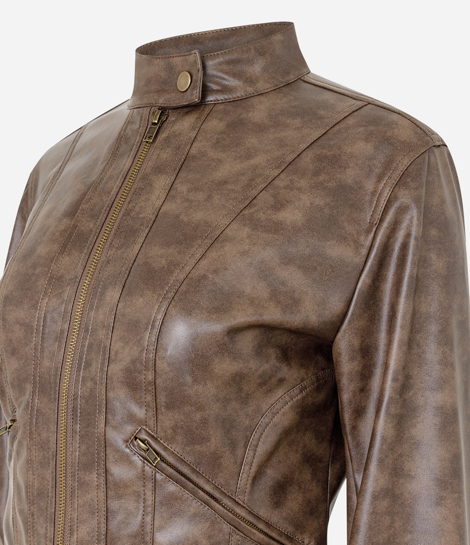 Jaqueta Biker em Pu Marmorizado com Gola Alta Marrom 6