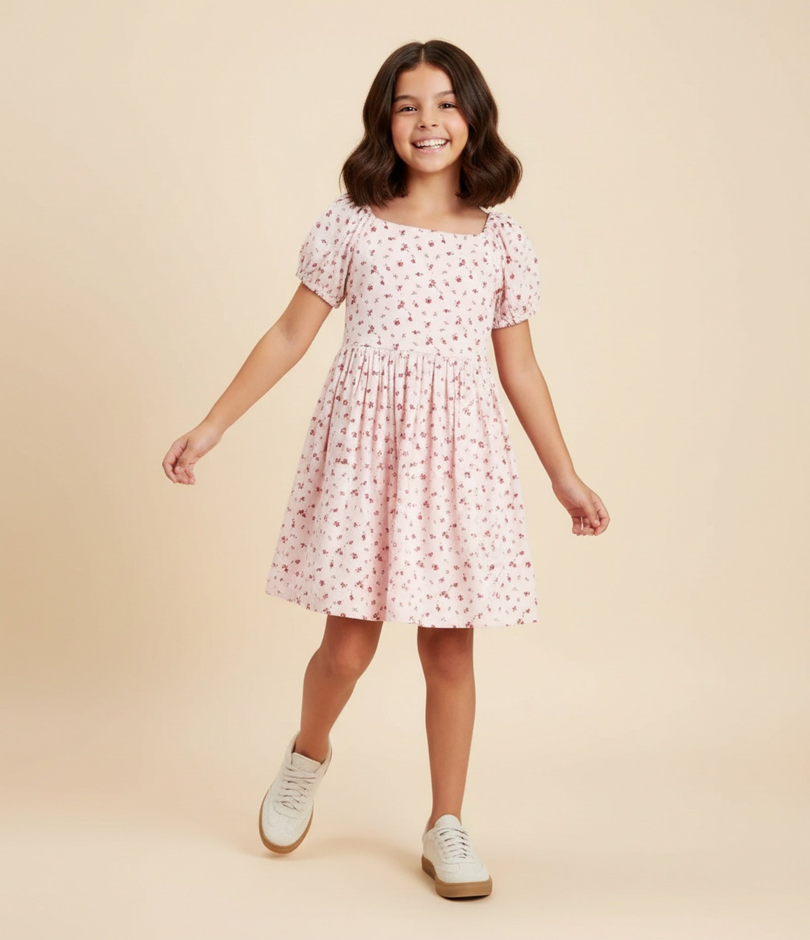 Vestido Infantil Floral com Lastex e Manga Bufante – Tam 5 a 14 Anos Rosa Claro 1