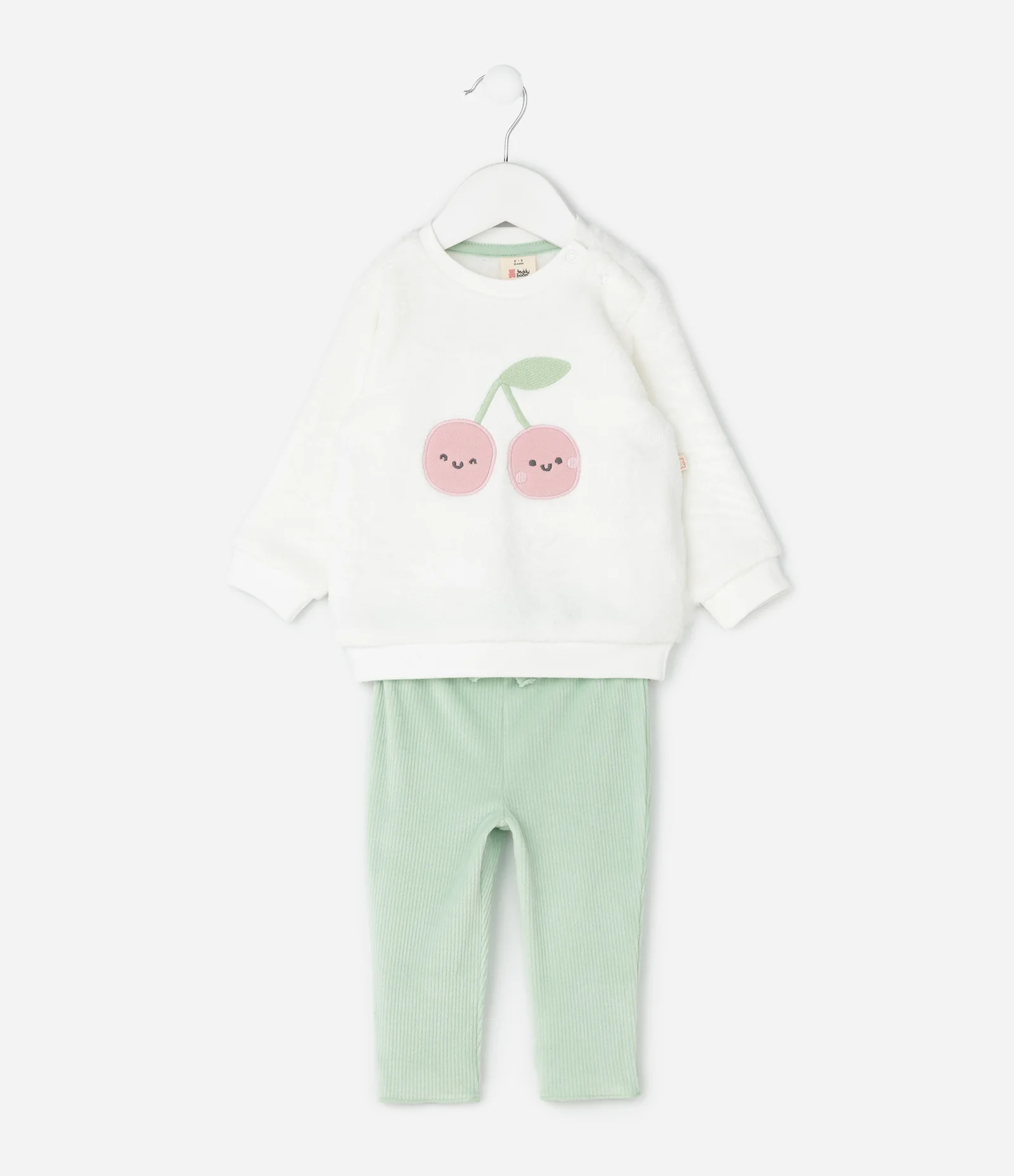 Conjunto Infantil com Bordado de Cerejas e Calça Canelada – Tam 0 a 18 Meses Verde/Branco 1