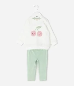 Conjunto Infantil com Bordado de Cerejas e Calça Canelada – Tam 0 a 18 Meses