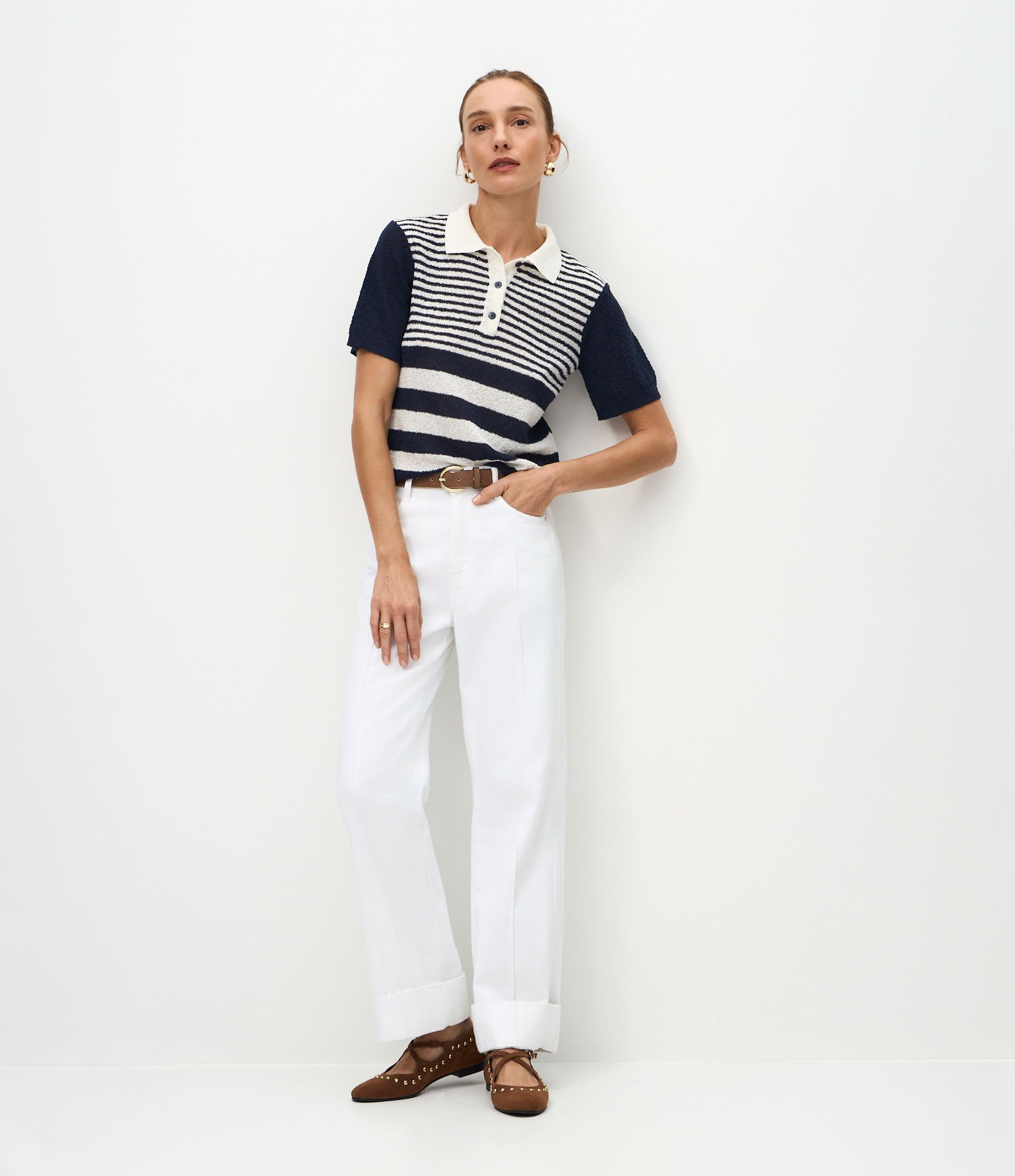 Blusa em Tricô com Manga Curta e Estampa Listrada Azul/Branco 1