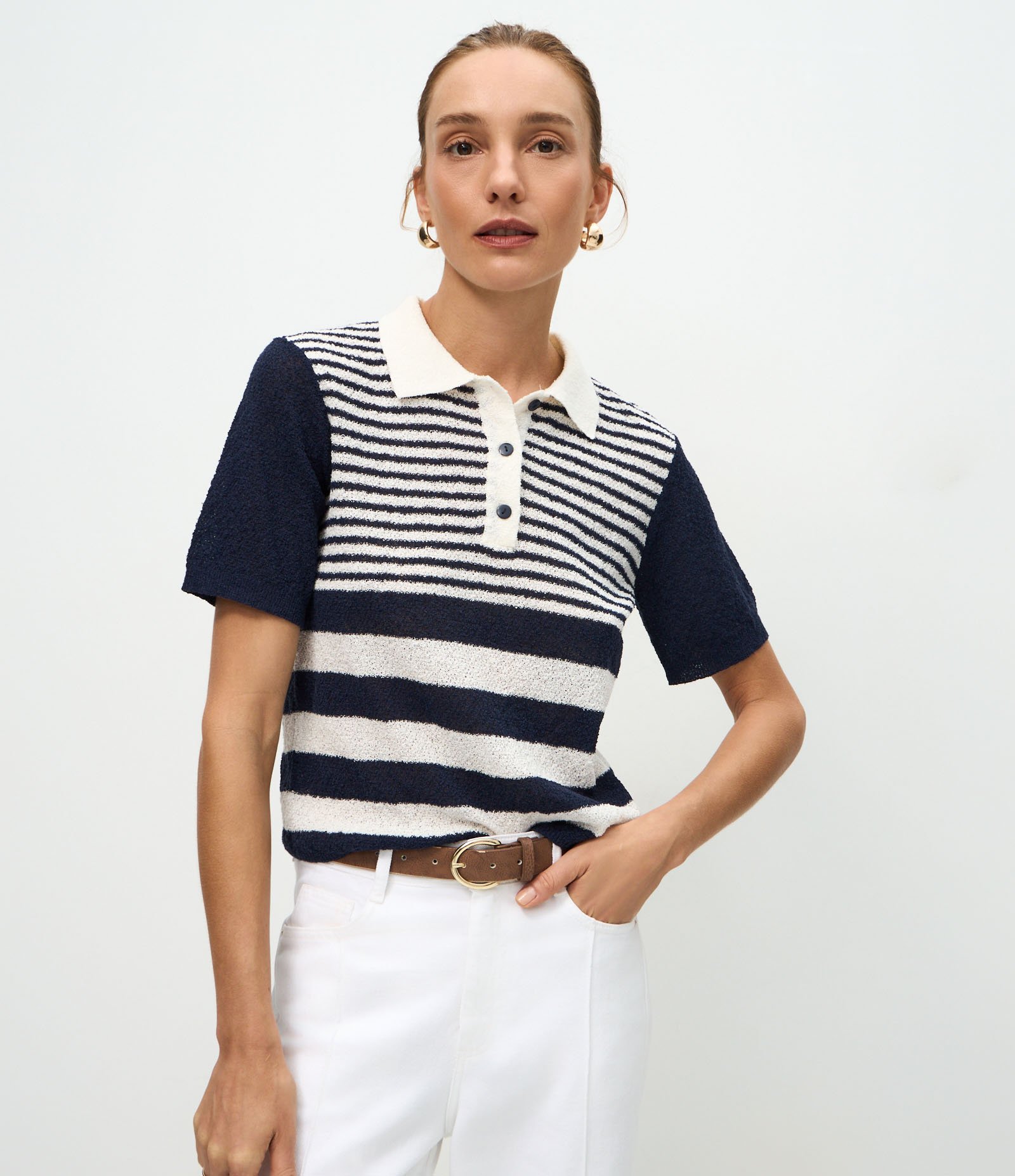 Blusa em Tricô com Manga Curta e Estampa Listrada Azul/Branco 2