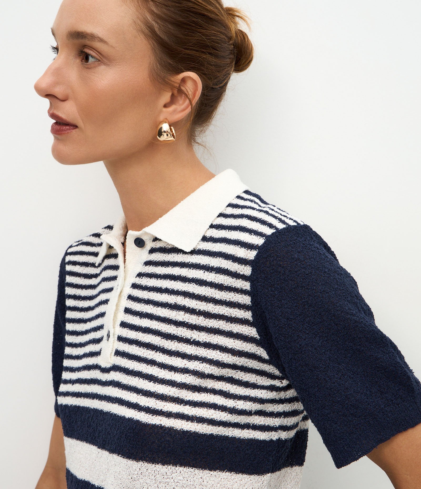 Blusa em Tricô com Manga Curta e Estampa Listrada Azul/Branco 3