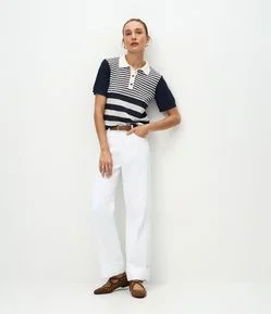 Blusa em Tricô com Manga Curta e Estampa Listrada