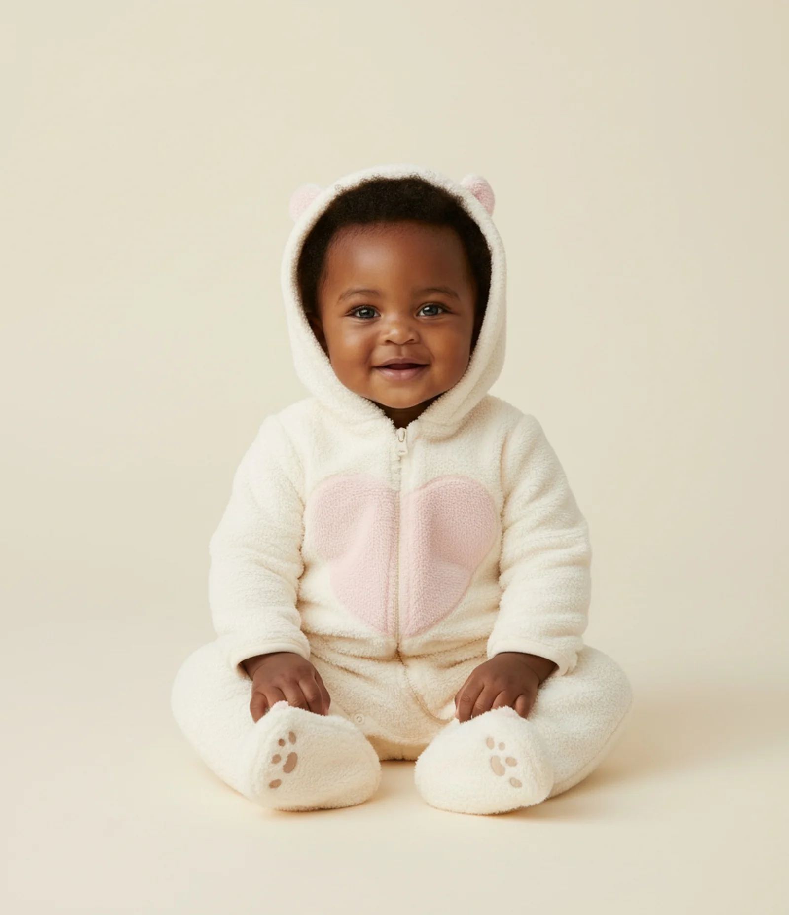 Macacão Infantil com Capuz Bordado de Gatinha – Tam 0 a 18 Meses Off White 1