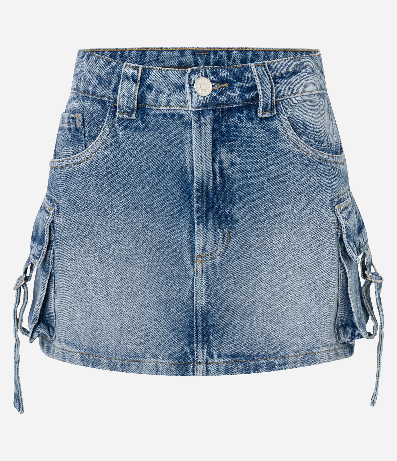 Saia Reta Curta em Jeans com Fivela no Bolso Cargo Médio 1
