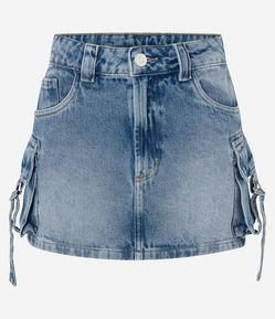 Saia Reta Curta em Jeans com Fivela no Bolso Cargo
