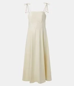Vestido Midi em Sarja com Alça Fina e Busto Recortado