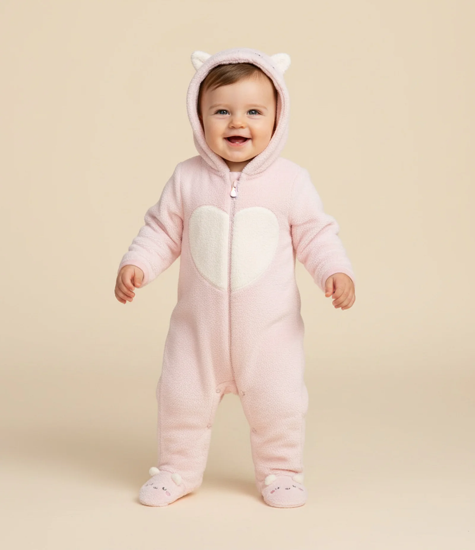 Macacão Infantil com Capuz Bordado de Gatinha – Tam 0 a 18 Meses Rosa Claro 1