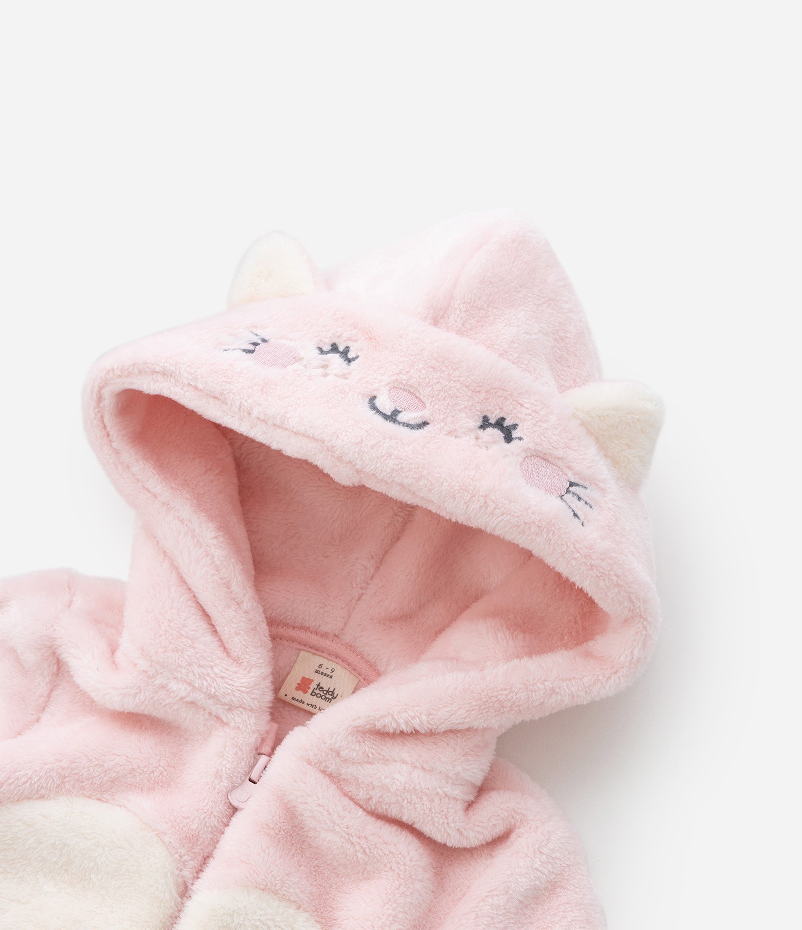 Macacão Infantil com Capuz Bordado de Gatinha – Tam 0 a 18 Meses Rosa Claro 9