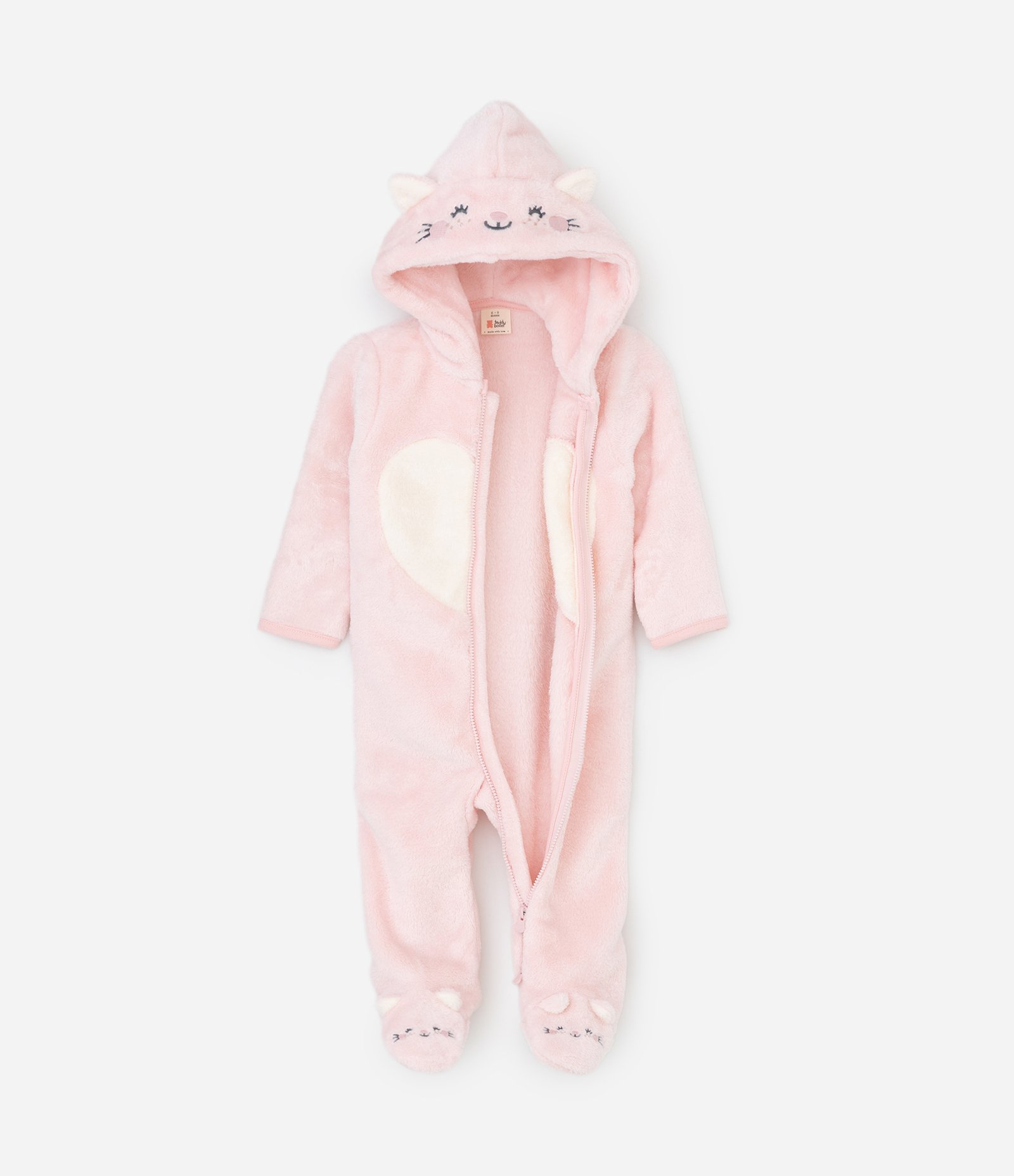 Macacão Infantil com Capuz Bordado de Gatinha – Tam 0 a 18 Meses Rosa Claro 3