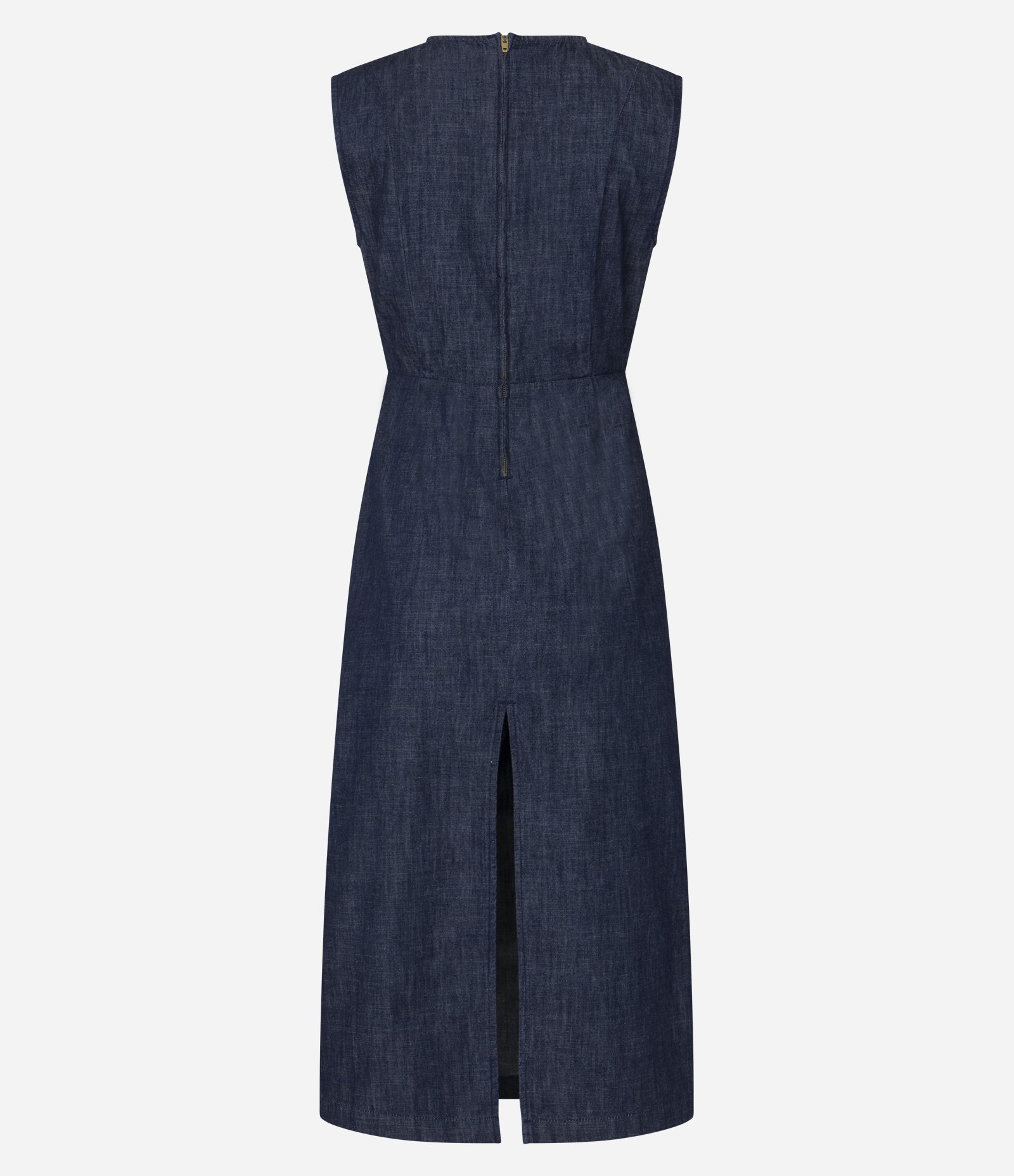 Vestido Long Midi em Jeans Sem Manga com Drapeado Azul 6