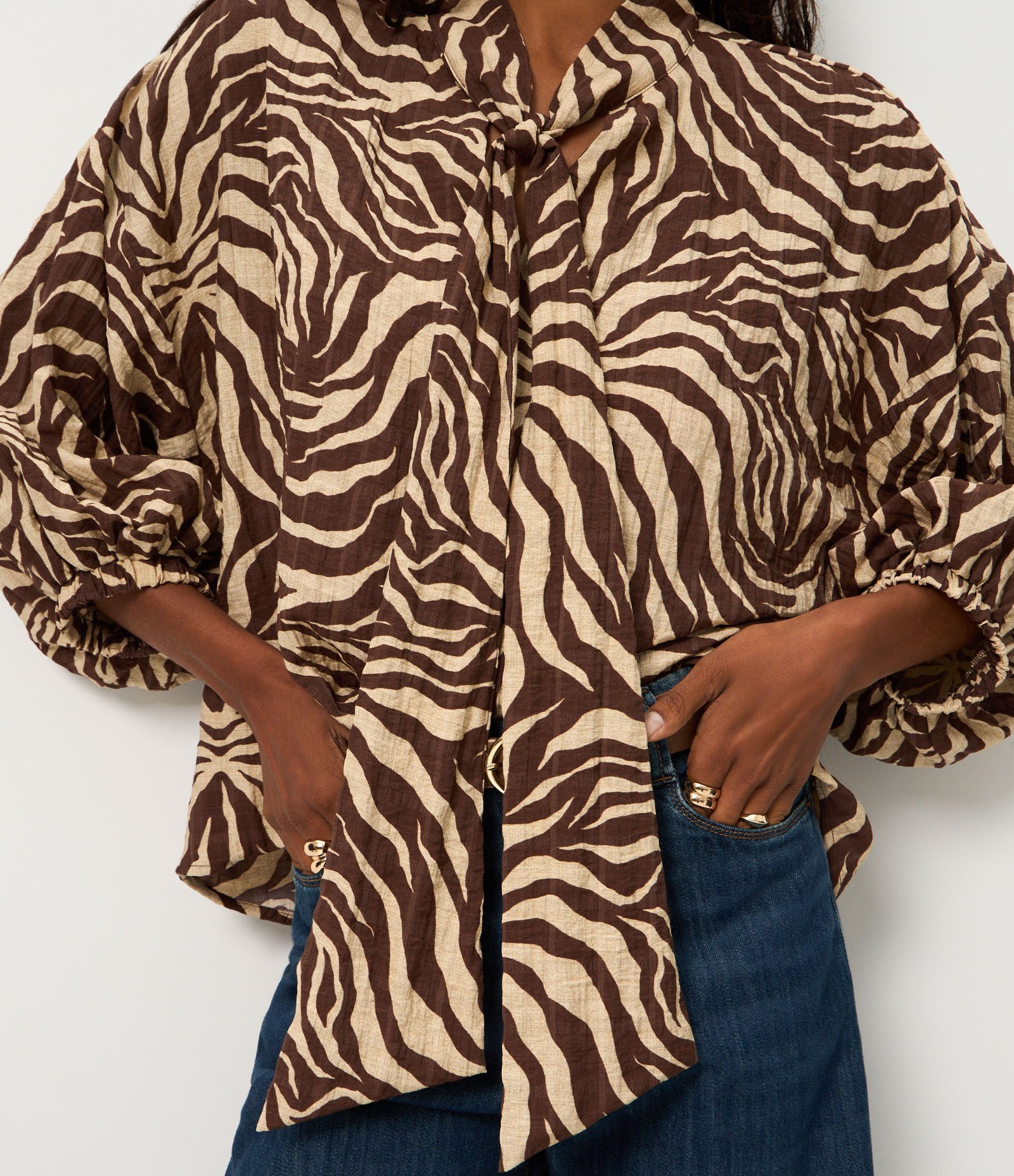 Blusa em Viscose com Gola Laço e Estampa Animal Print Marrom 4