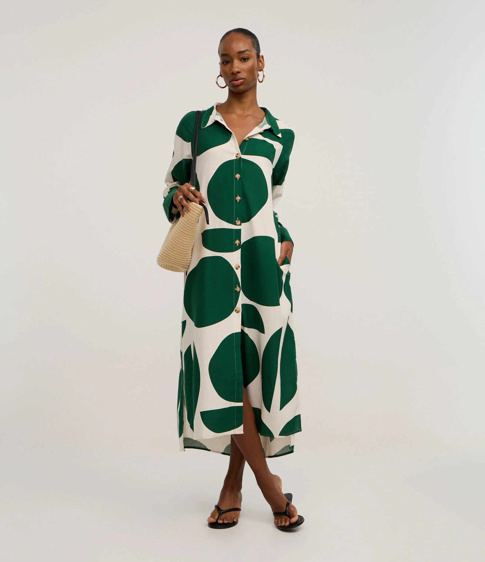 Vestido Chemise em Viscolinho com Estampa Abstrata Verde/Branco 2