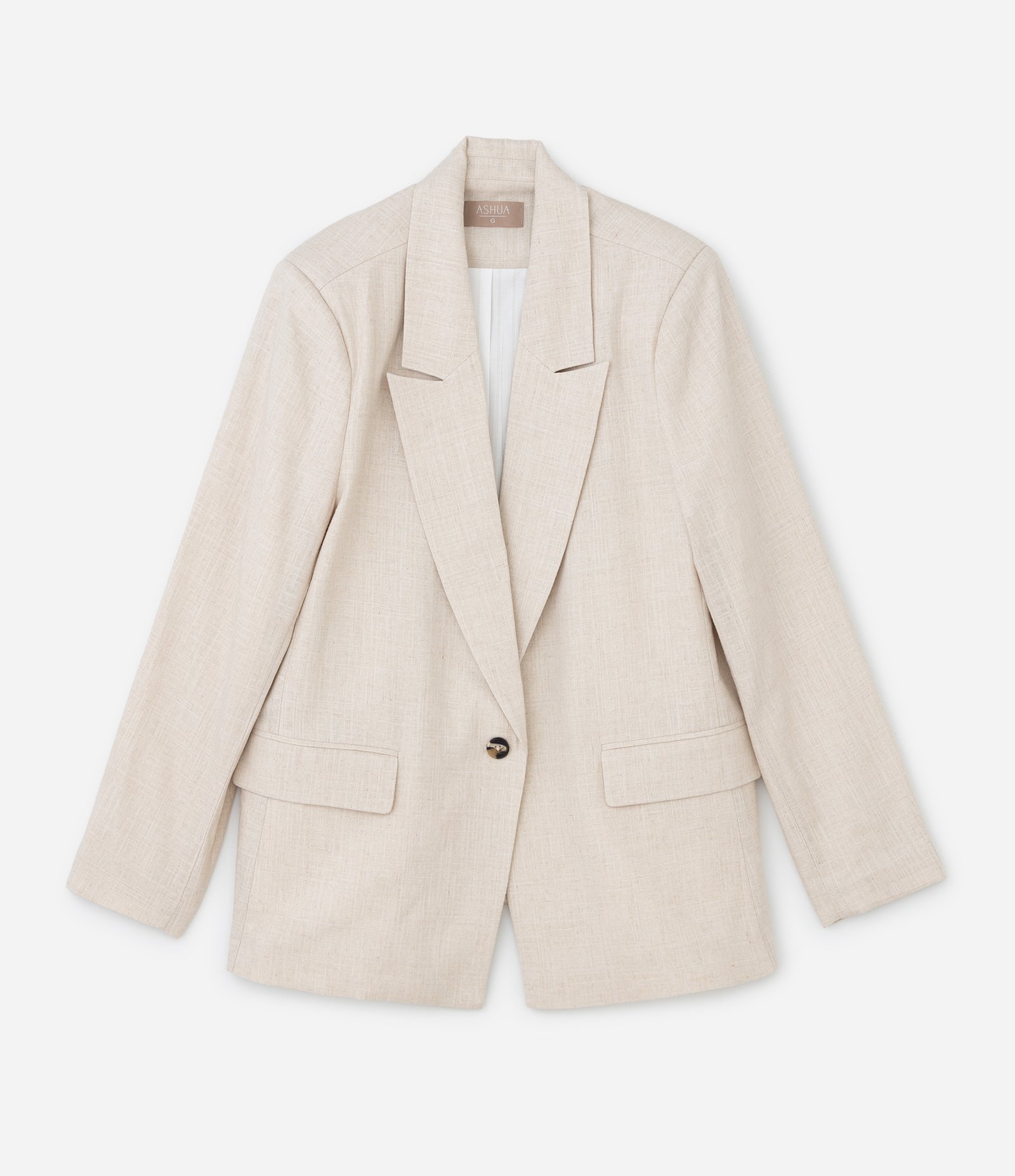 Blazer Regular em Viscolinho com Botão Único e Forro Listrado Curve & Plus Size Bege 1