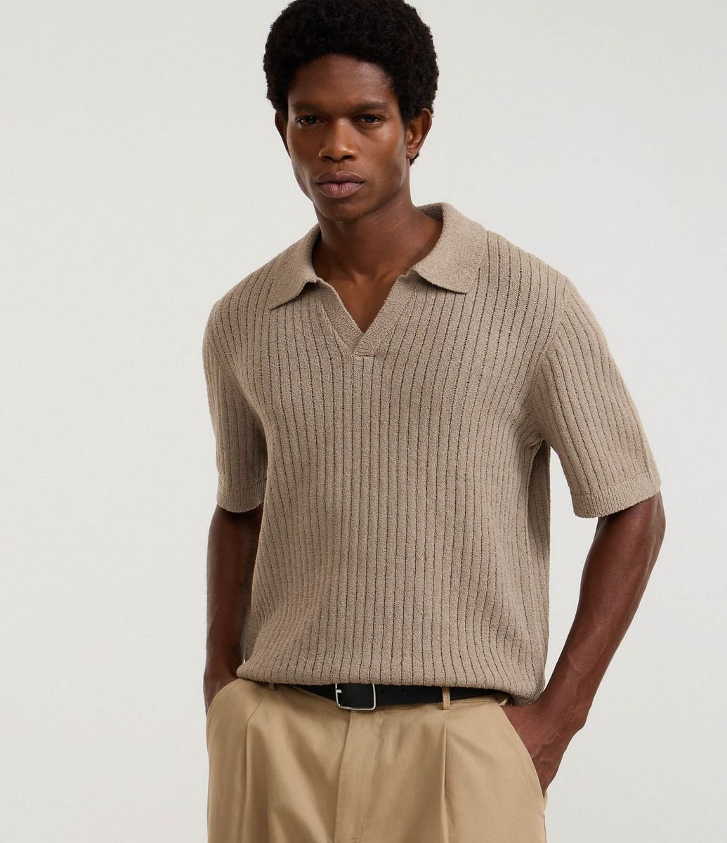 Camisa Polo Comfort em Tricô com Gola V e Texturizada Marrom Camisa Polo Comfort em Tricô com Gola V e Texturizada Marrom