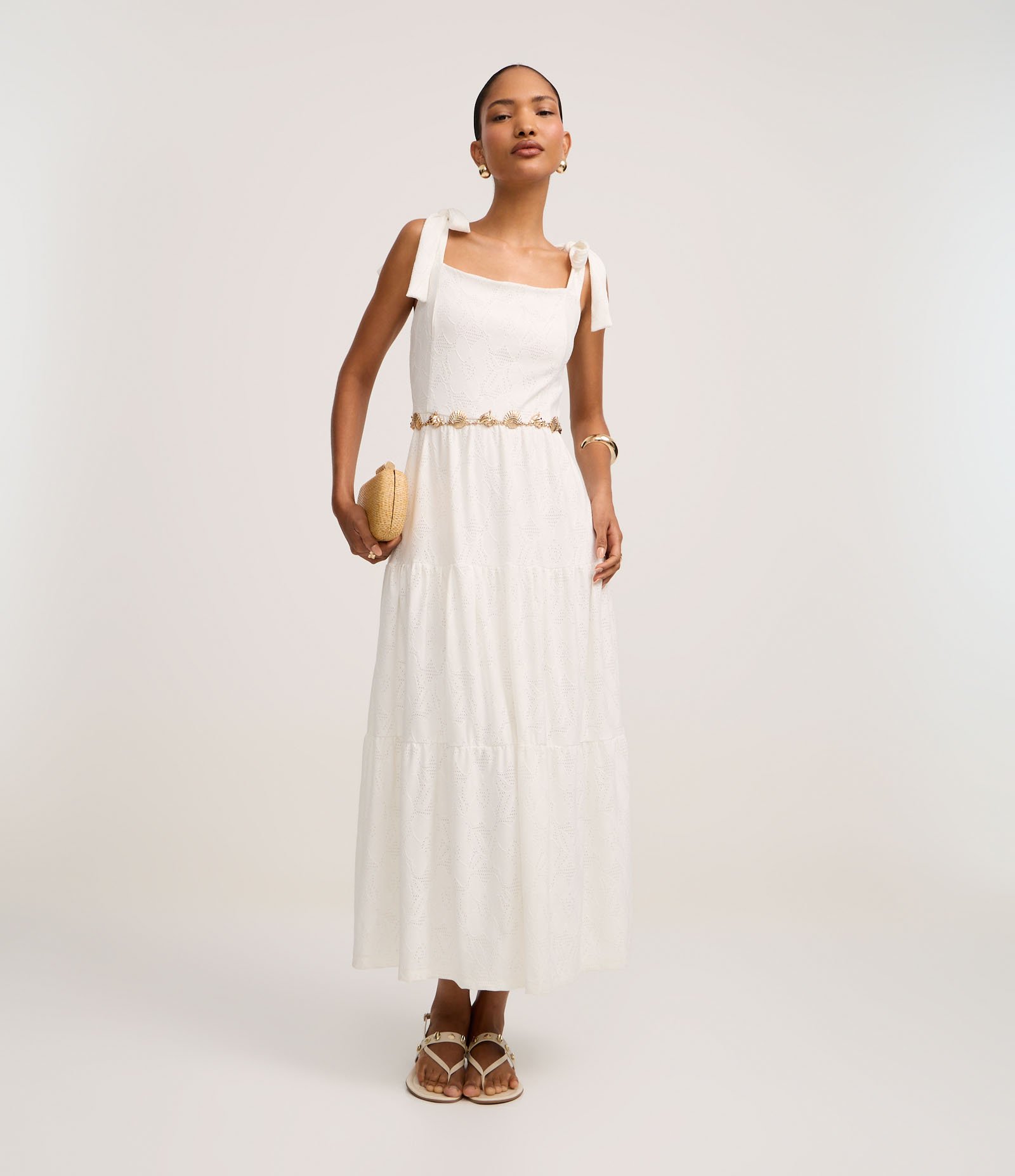 Vestido Midi em Laise com Amarração nos Ombros Off White 2