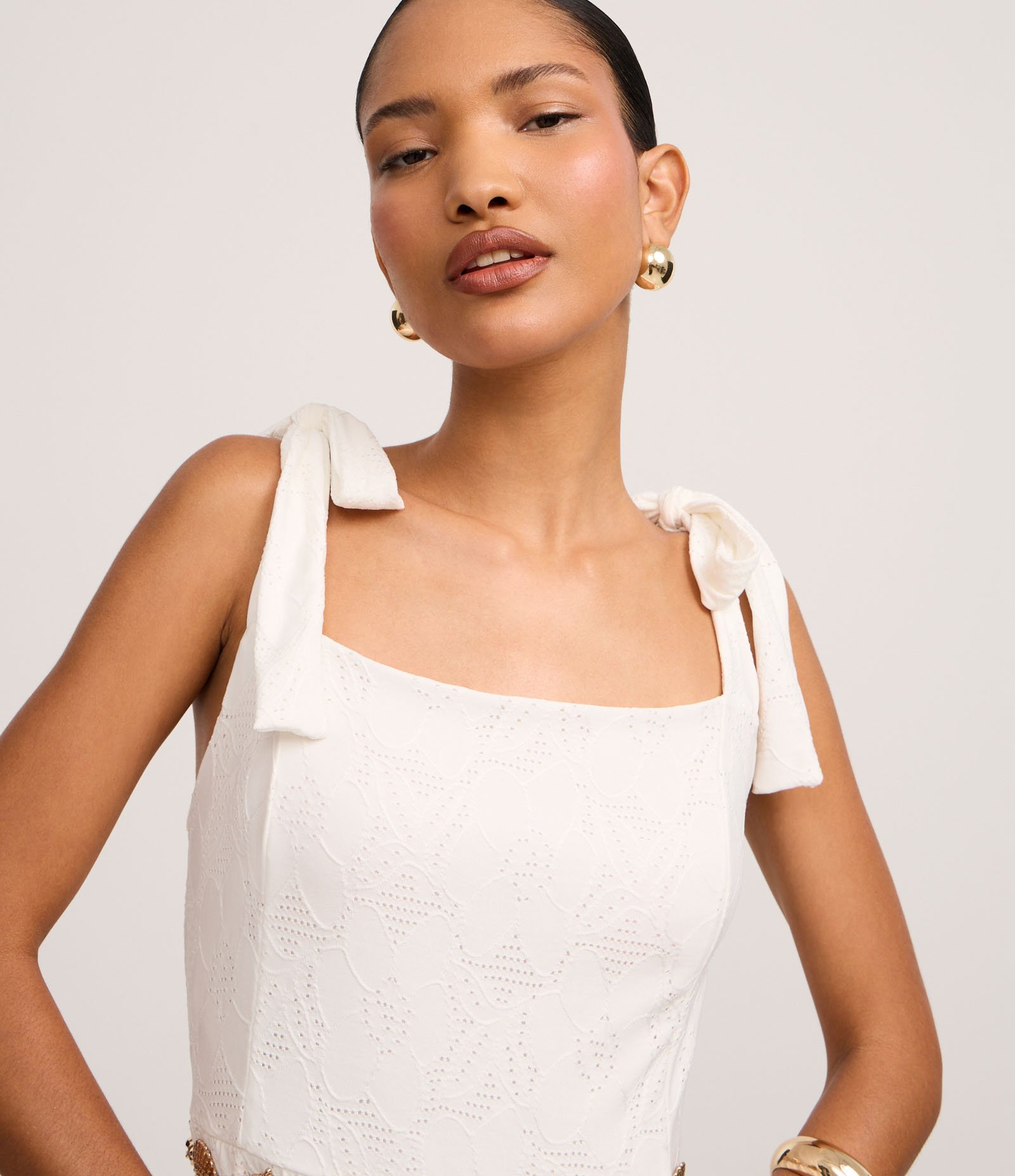 Vestido Midi em Laise com Amarração nos Ombros Off White 3