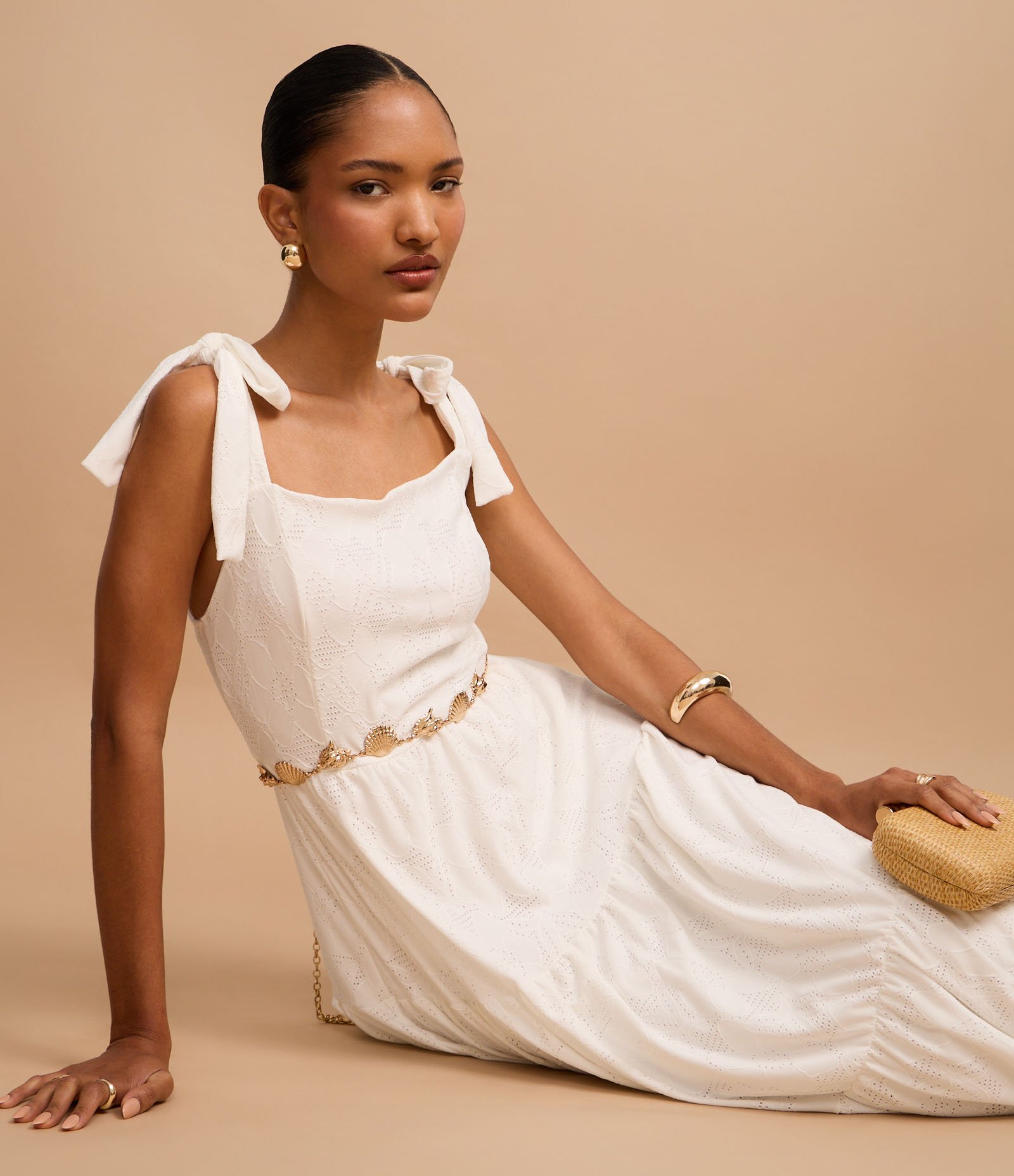 Vestido Midi em Laise com Amarração nos Ombros Off White 5