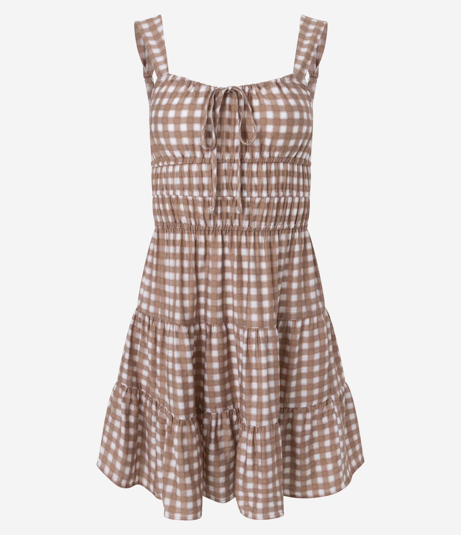 Vestido Curto Evasê em Viscose e Estampa Xadrez Vichy Marrom 5