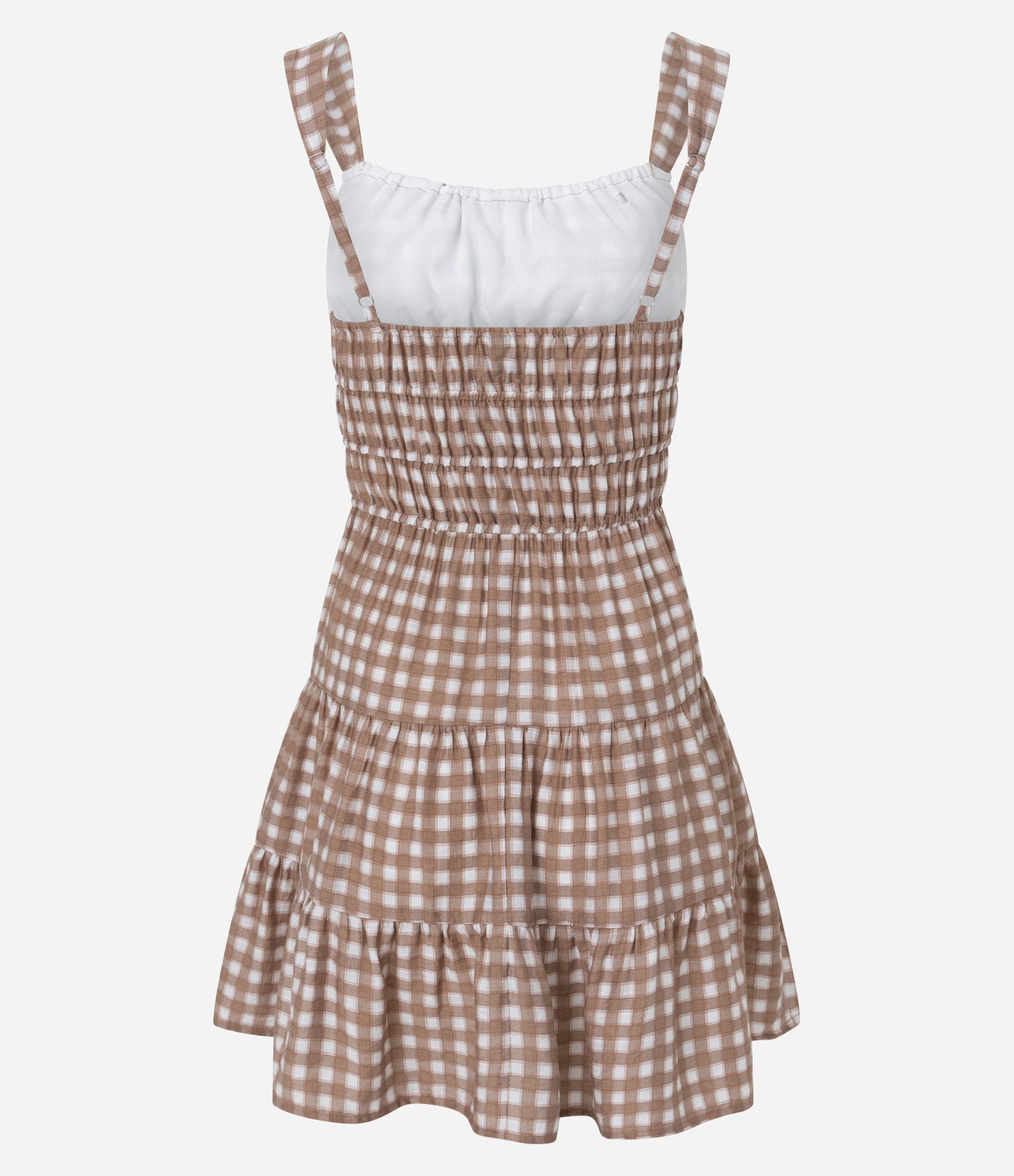 Vestido Curto Evasê em Viscose e Estampa Xadrez Vichy Marrom 6