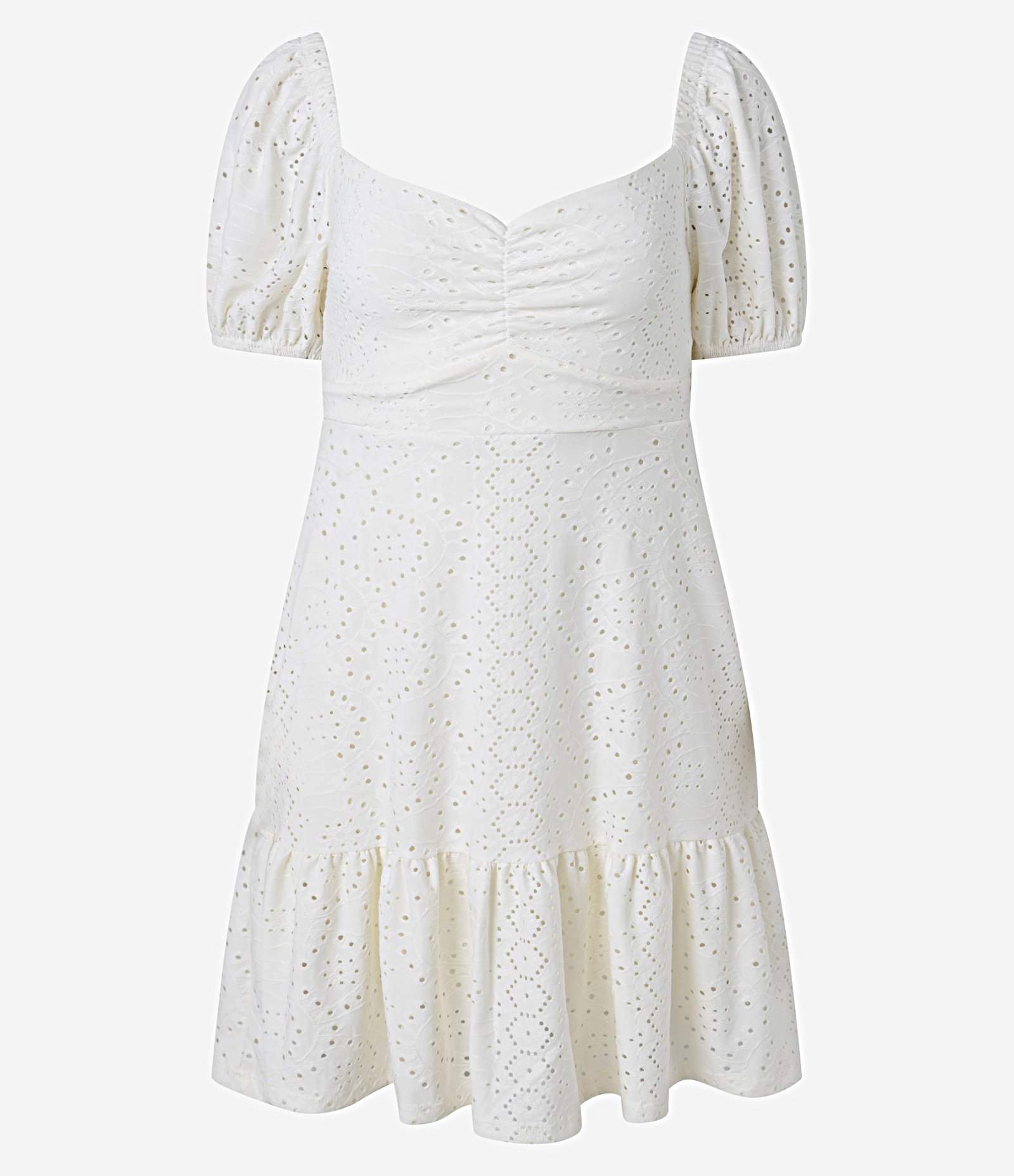Vestido Curto em Laise com Manga Bufante e Bordado Vazado Off White 5