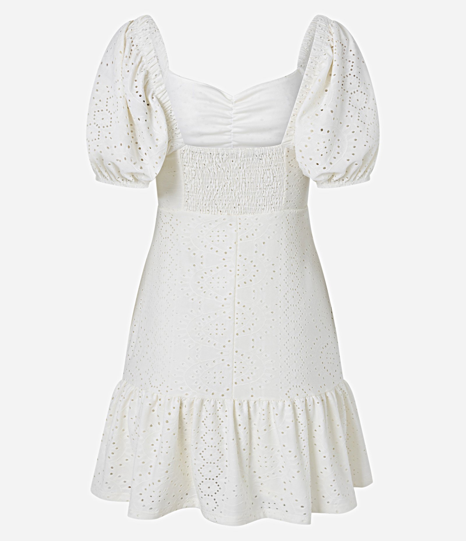 Vestido Curto em Laise com Manga Bufante e Bordado Vazado Off White 7