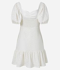Vestido Curto em Laise com Manga Bufante e Bordado Vazado