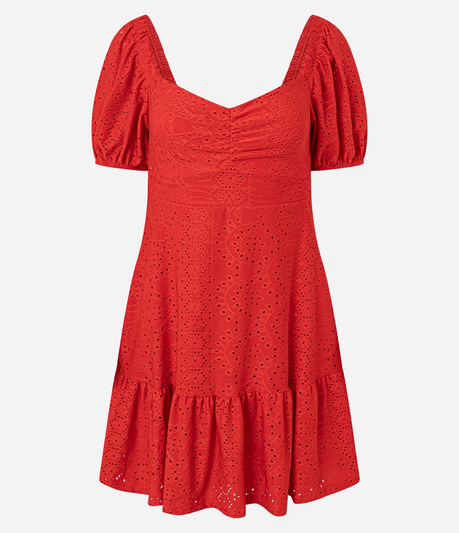 Vestido Curto em Laise com Manga Bufante e Bordado Vazado Vermelho 5