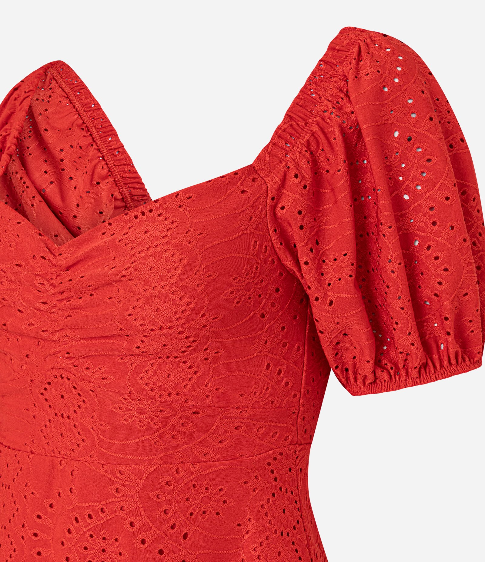 Vestido Curto em Laise com Manga Bufante e Bordado Vazado Vermelho 6