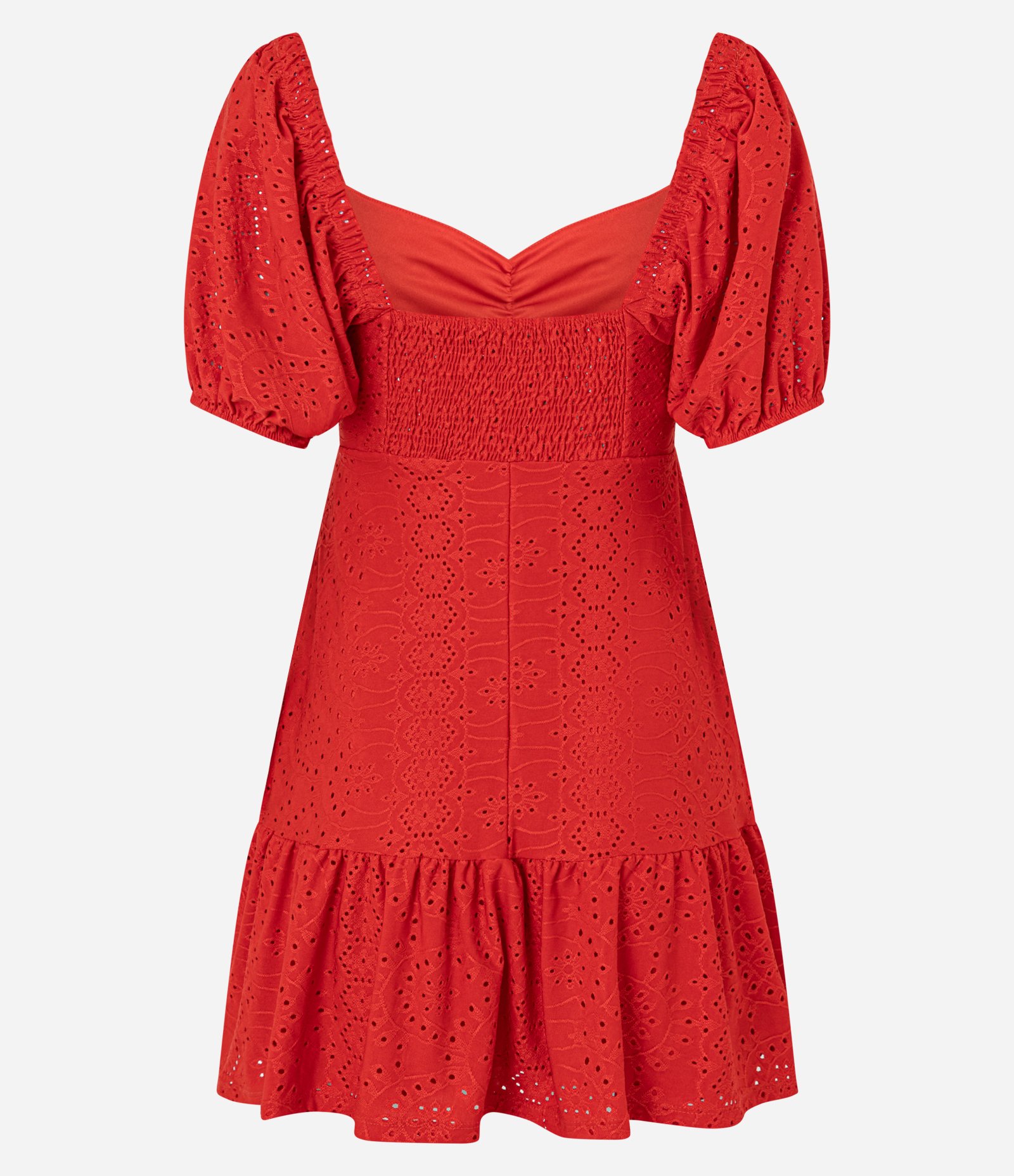 Vestido Curto em Laise com Manga Bufante e Bordado Vazado Vermelho 7