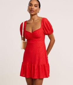 Vestido Curto em Laise com Manga Bufante e Bordado Vazado
