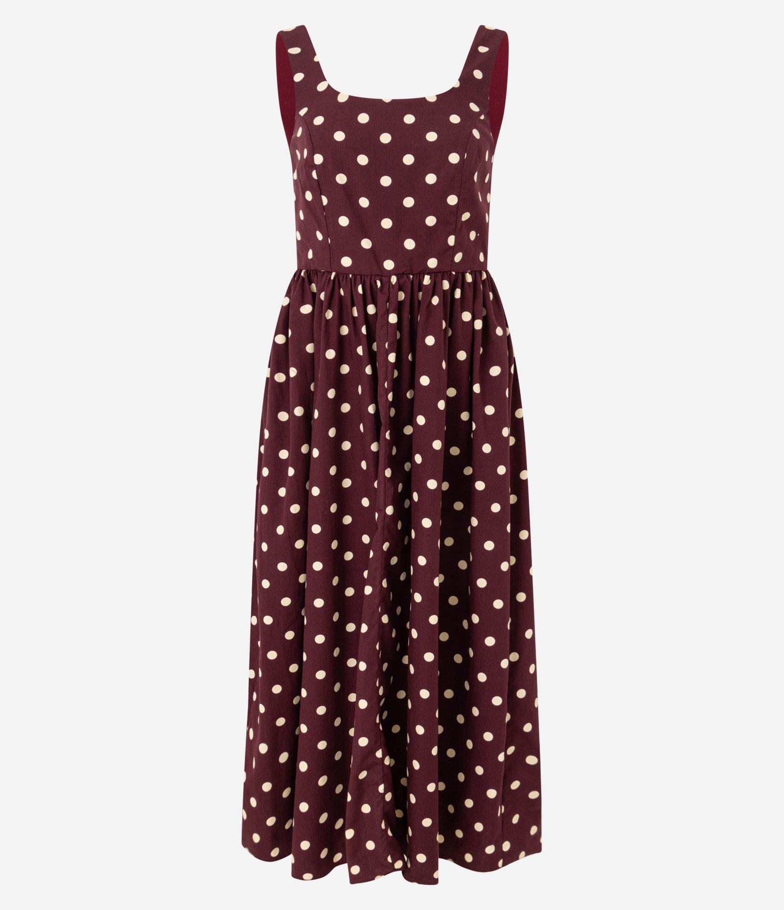 Vestido Evasê Midi em Tricoline com Estampa Poá Bordô/Bege 5