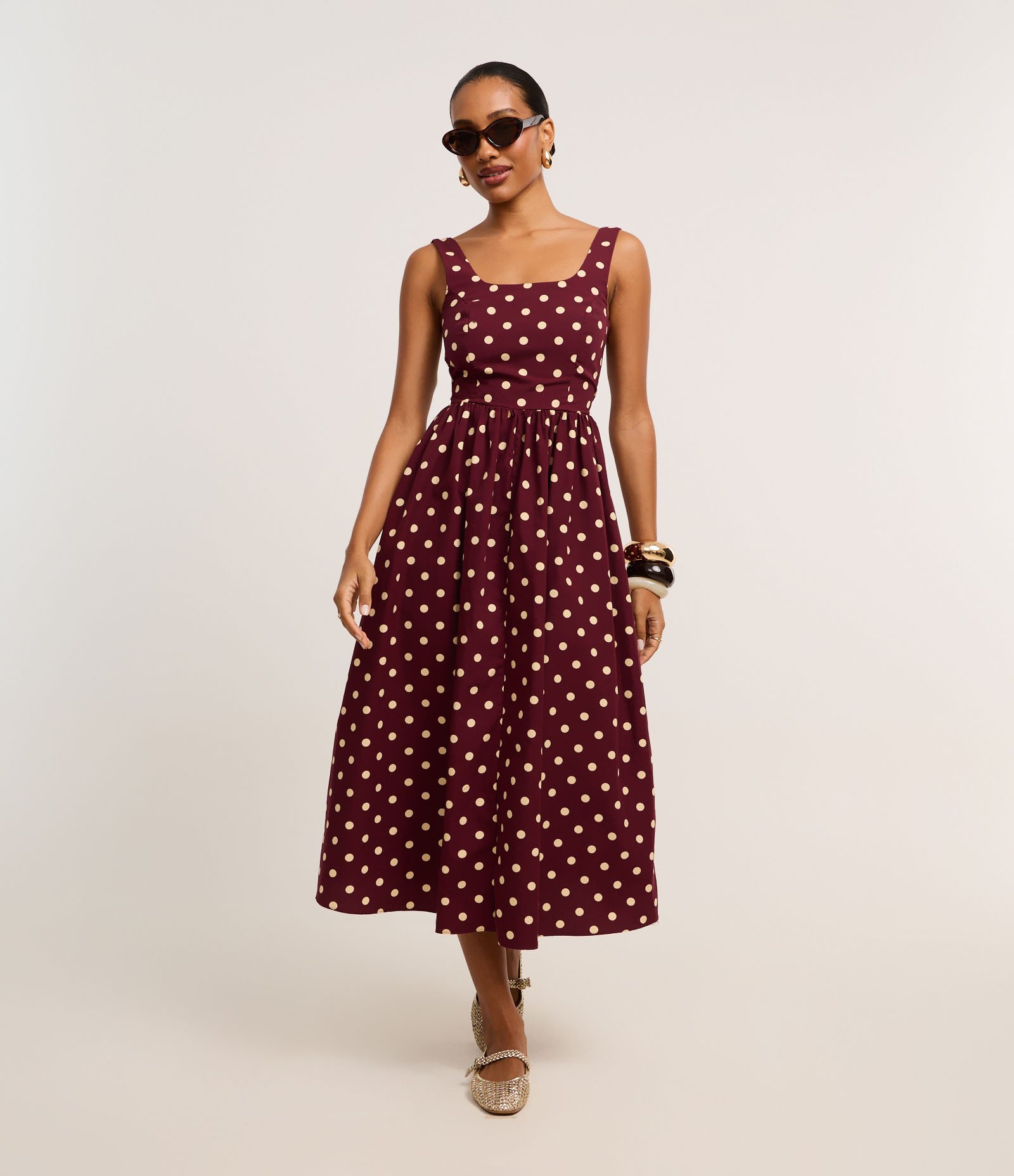 Vestido Evasê Midi em Tricoline com Estampa Poá Bordô/Bege 2