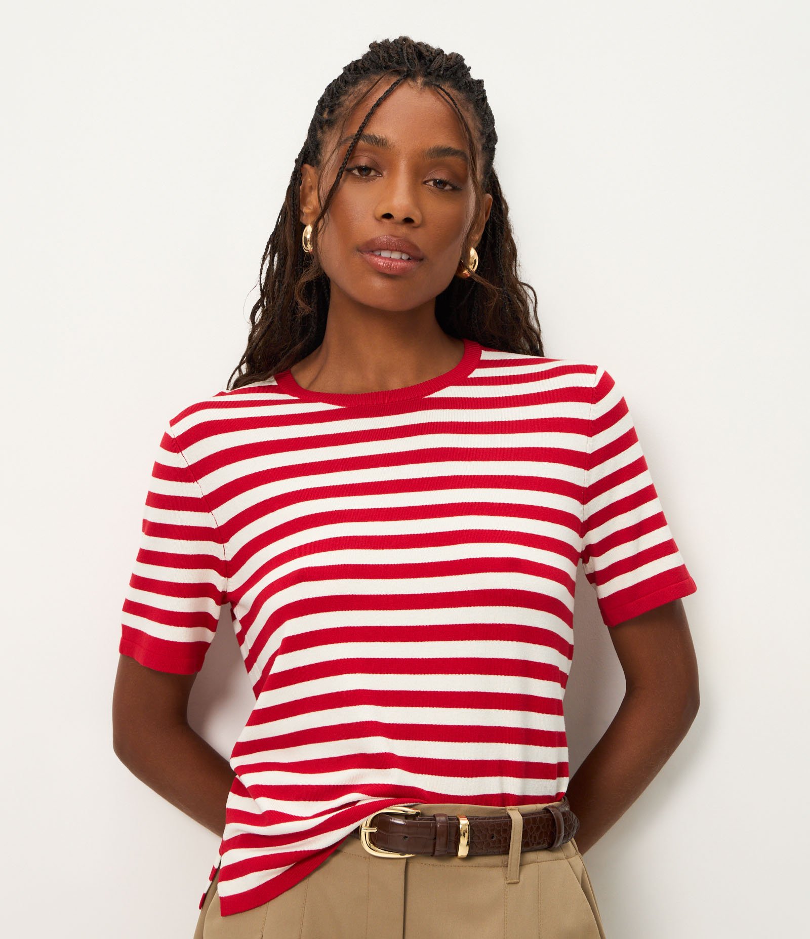Blusa Manga Curta em Tricô com Estampa Listrada Vermelho 1