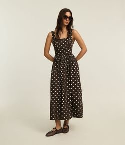 Vestido Evasê Midi em Tricoline com Estampa Poá