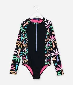 Maiô Infantil com Manga Longa e Estampa Floral – Tam 5 a 14 Anos