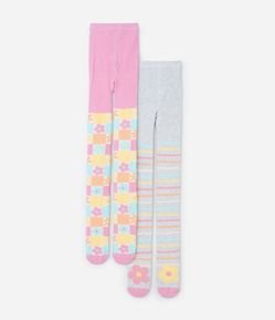 Kit 02 Meias Calças Infantil com Estampas Listrada e Floral – Tam P ao G