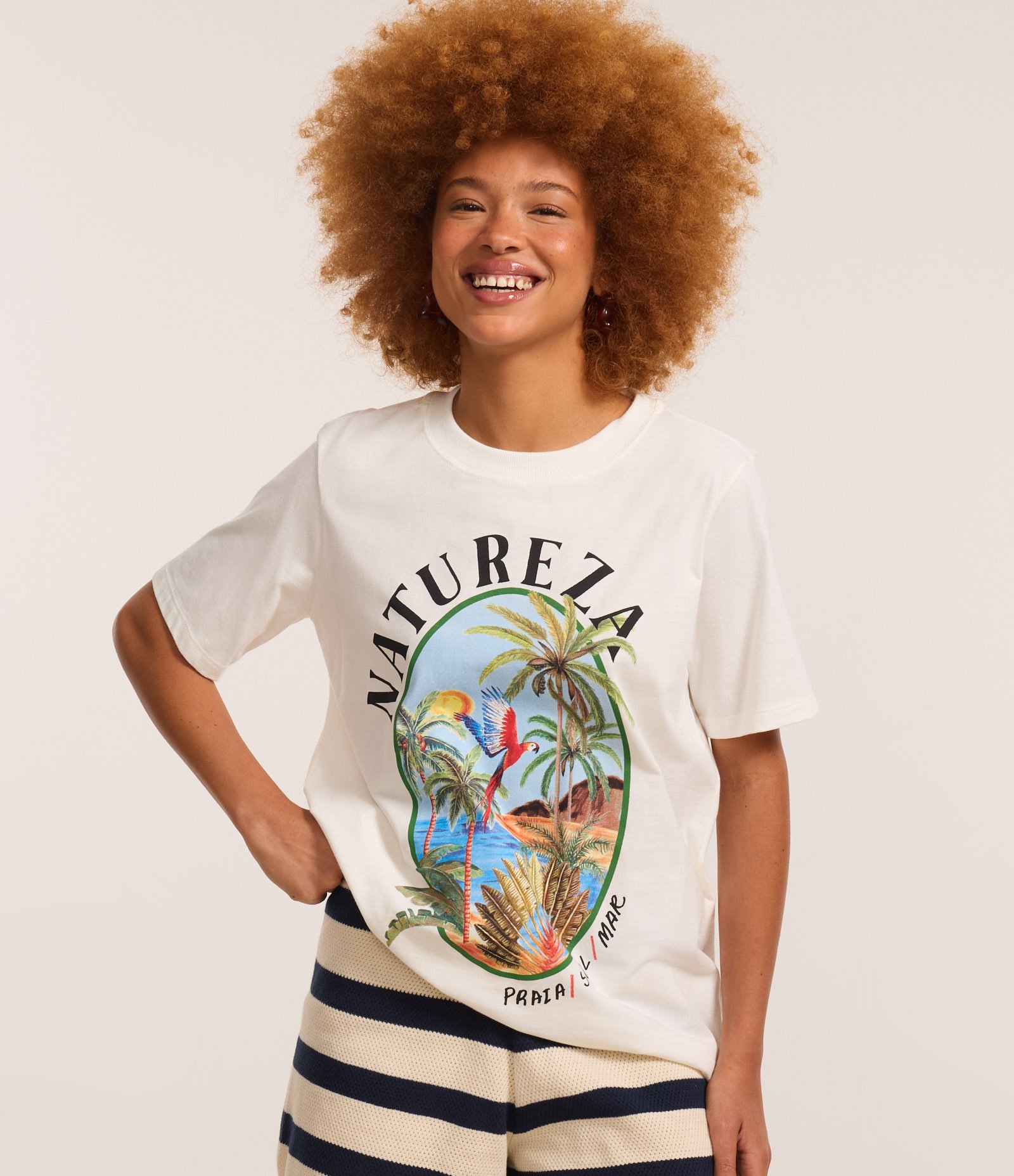 Camiseta Alongada em Algodão com Estampa Paisagem Natureza Branco 1