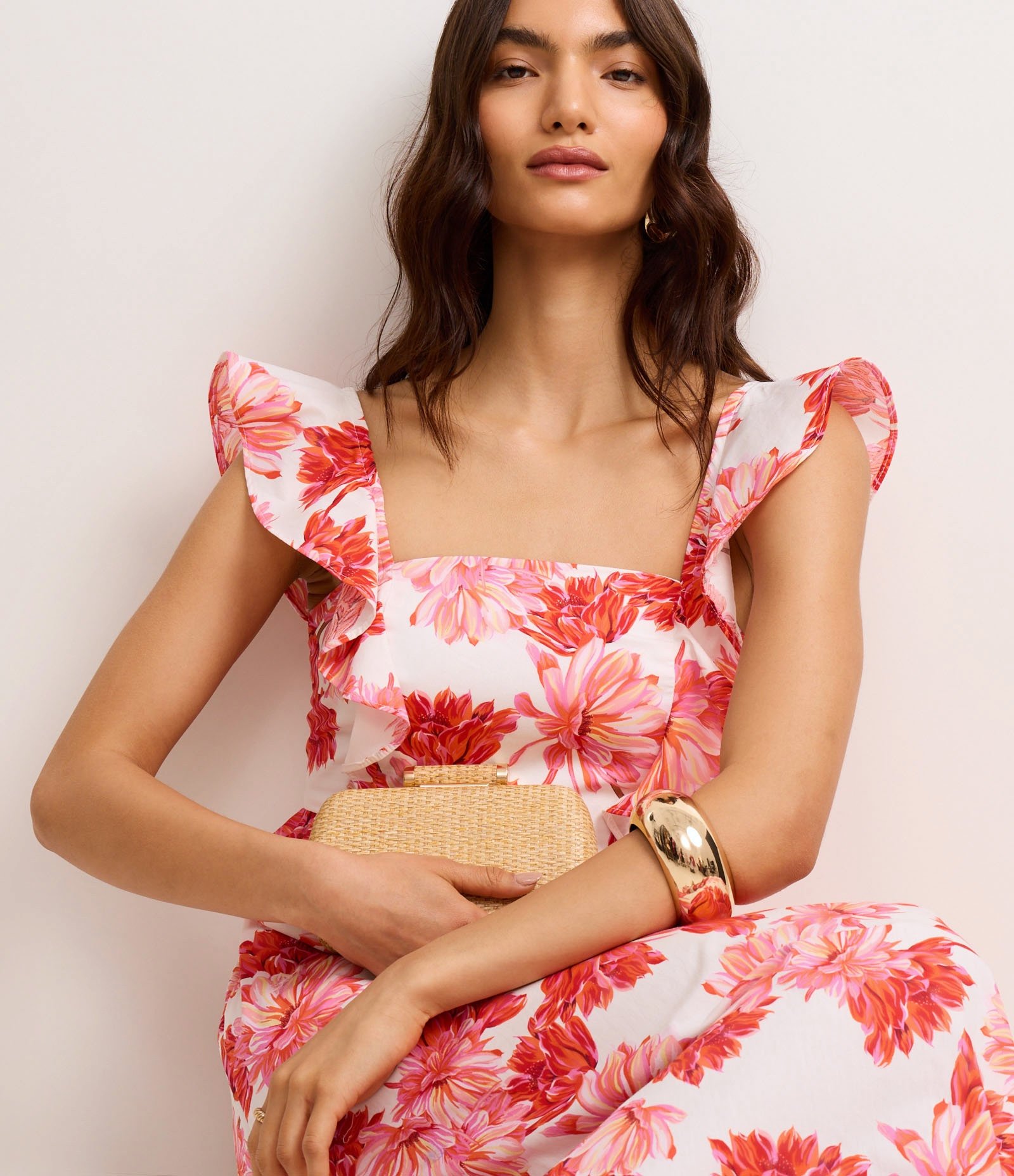 Vestido Evasê Midi em Tricoline com Estampa Floral Vermelho/Branco 2