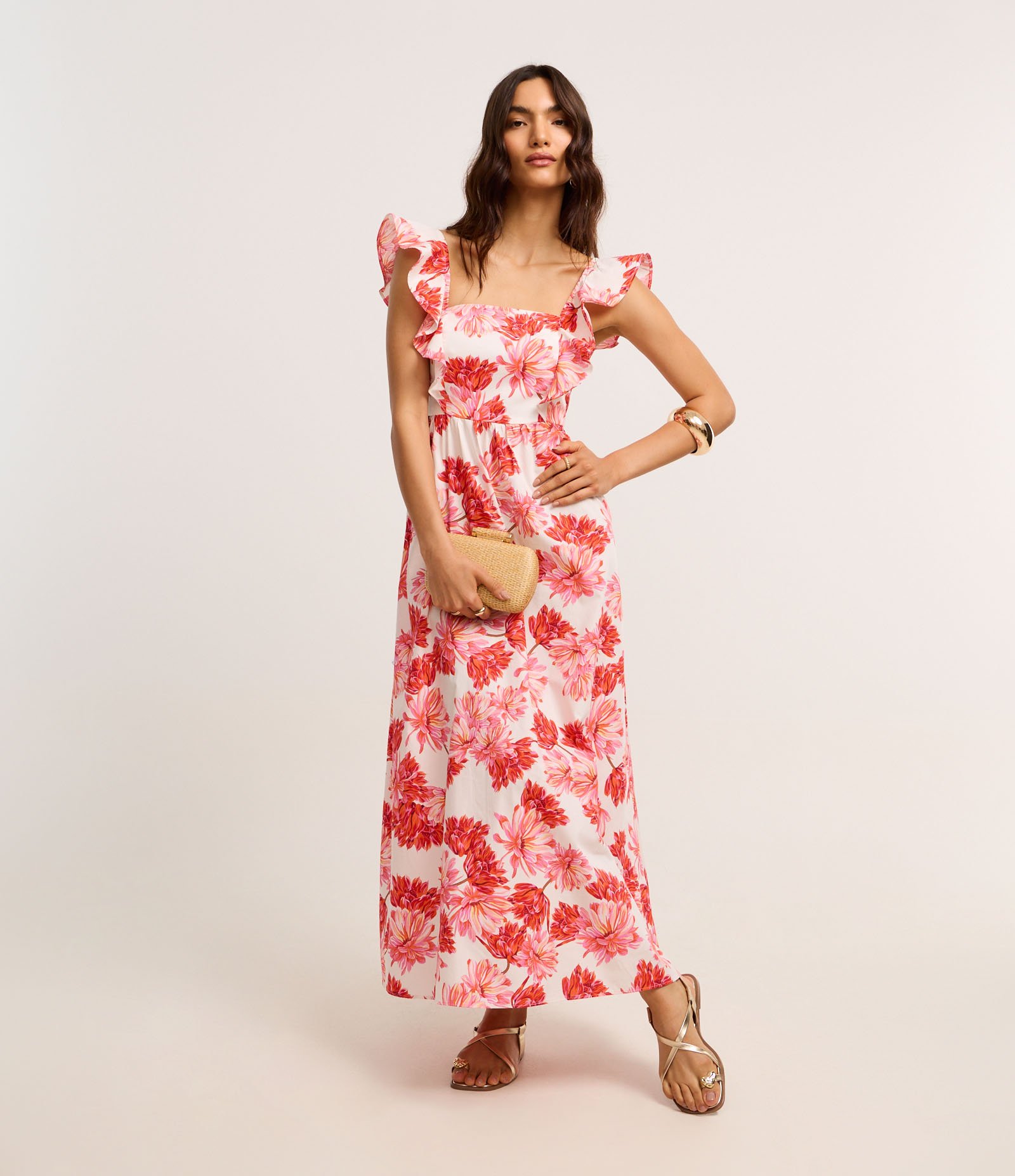 Vestido Evasê Midi em Tricoline com Estampa Floral Vermelho/Branco 3
