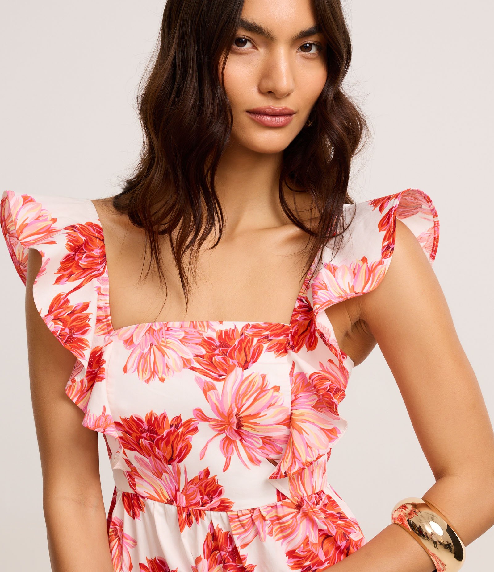 Vestido Evasê Midi em Tricoline com Estampa Floral Vermelho/Branco 4