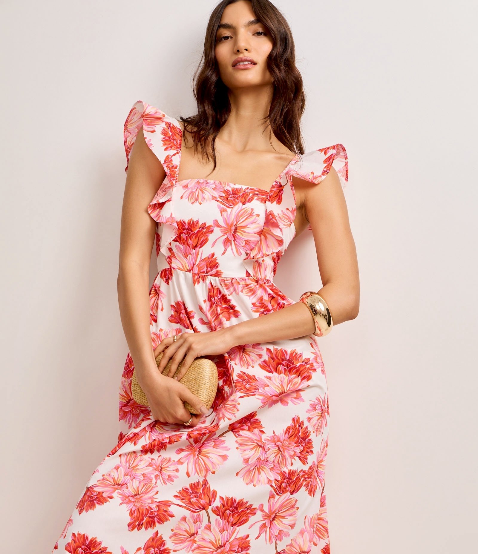 Vestido Evasê Midi em Tricoline com Estampa Floral Vermelho/Branco 5