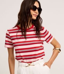 Blusa em Algodão com Listras Variadas e Gola Redonda