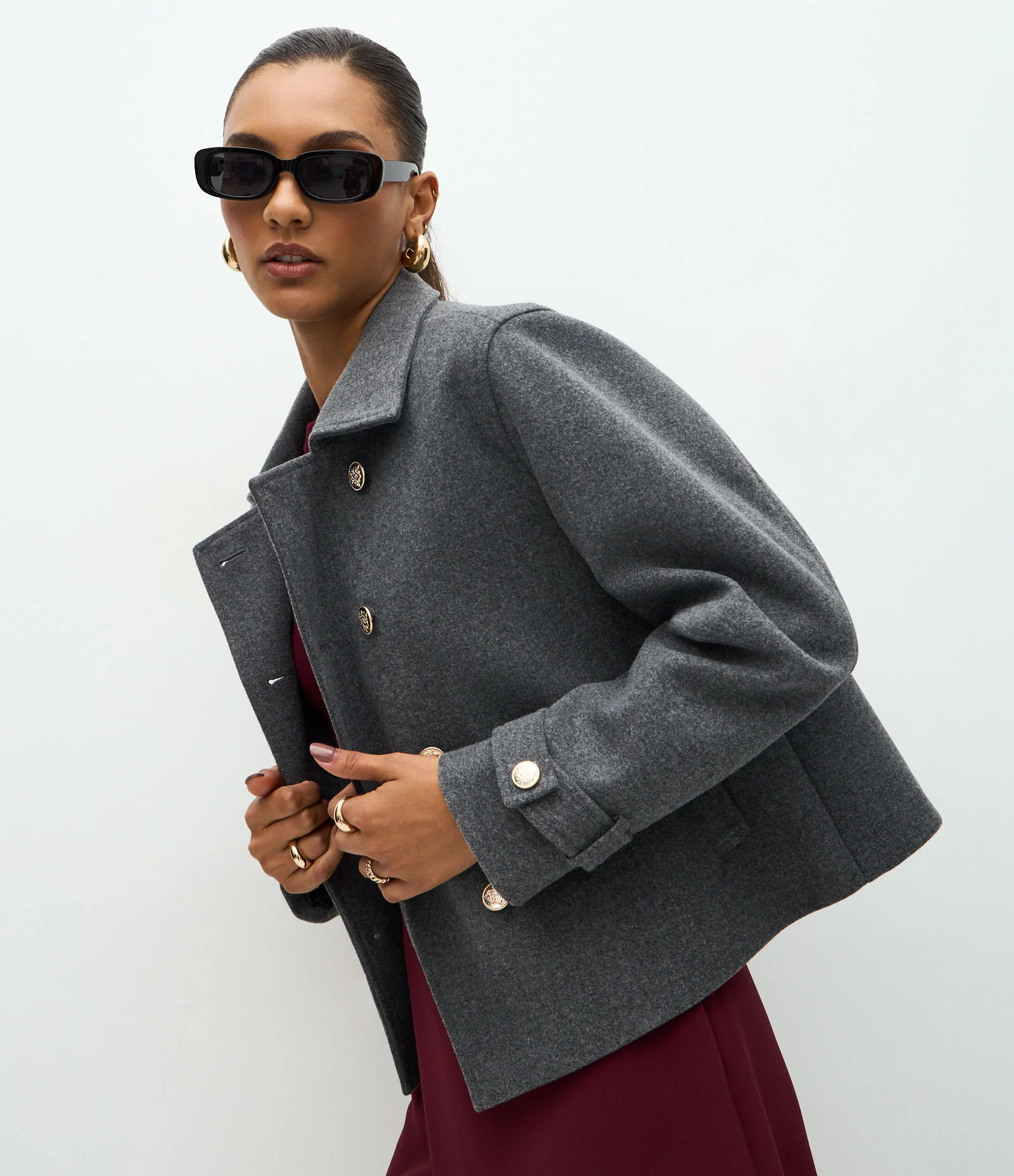 Casaco Regular em Polivelour com Abotoamento Duplo Cinza 5